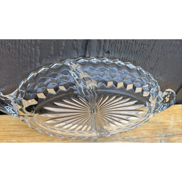Vintage Fostoria Clear Glass 12" Divided Relish Dish Handles & Diamond Pattern - Picture 6 of 7